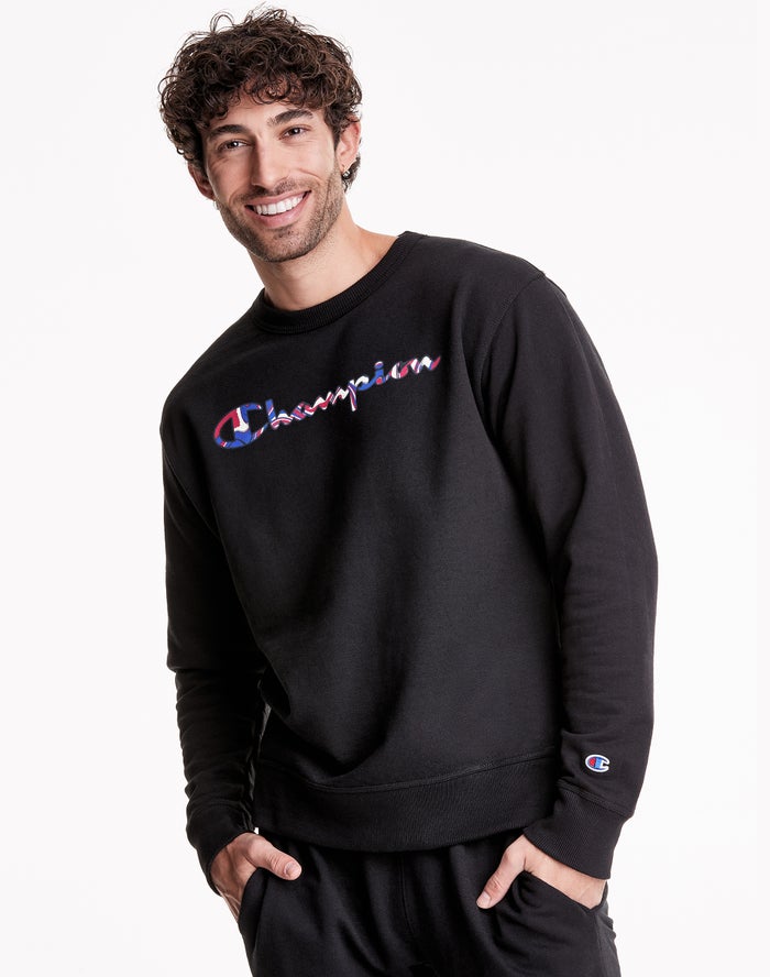 Champion Powerblend Fleece Crew Liquid Filled Script Logo Erkek Sweatshirt Siyah ( WKPEVM560 )